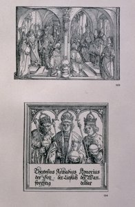 El Arco Triunfal del Emperador Maximiliano I (1459-1519): detalle mostrando dos paneles, (arriba) un evento en la vida de Maximiliano y (abajo) el Emperador Romano Teodosio I, el Grande (c.346-395) y su t de Albrecht Dürer